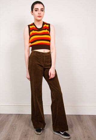 VINTAGE 70'S BROWN LOW RISE KICK FLARE CORD TROUSERS