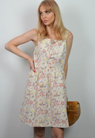 VINTAGE 70S WHITE FLORAL PATTERN SUMMER MINI DRESS