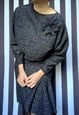 VINTAGE 80S BLACK SILVER GLITTER DISCO MIDI DRESS, UK14/16