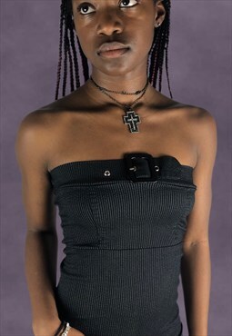 Vintage Y2K Strapless Pinstripe Mini Dress in Black