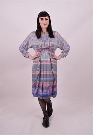 VINTAGE 80'S DOES 40'S GREY PINK GRANNY DRESS SIZE 10 TO 12