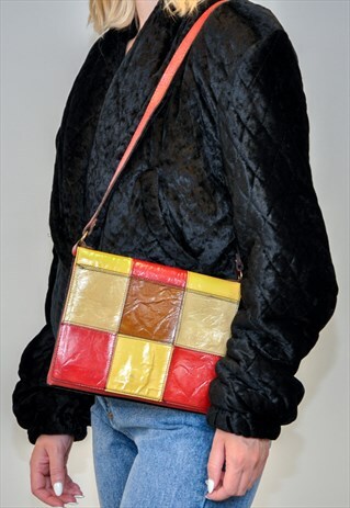 VINTAGE RETRO RED BROWN YELLOW LEATHER SHOULDER BAG