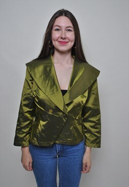 Vintage party top, wide shoulders green rave blouse