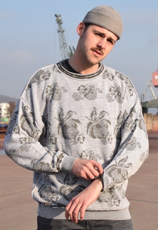 GREY HUGO BOSS FLORAL PATTERNED JUMPER