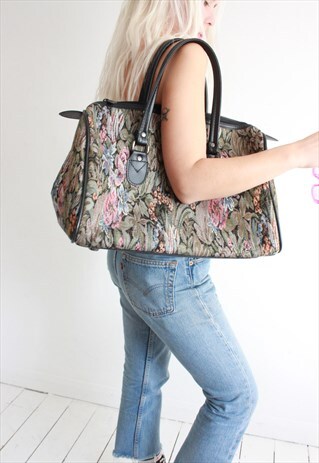 VINTAGE 70S FLORAL TAPESTRY HANDBAG HOLDALL BAG