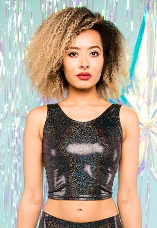 HANDMADE BLACK SPARKLY HOLOGRAPHIC FESTIVAL CROP TOP
