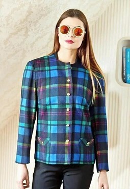Bright blue checked vintage jacket with round collar