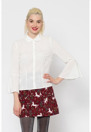 WHITE FITTED BLOUSE WITH 3/4 LENGTH FLARED RUFFLE SLEEVES