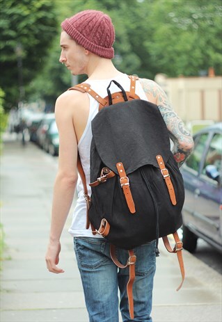 SWEDISH ARMY RUCKSACK (LEATHER & BLACK JUTE CANVAS)