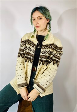 Vintage Size L Wool Nordic Chunky Knitted Cardigan in Multi