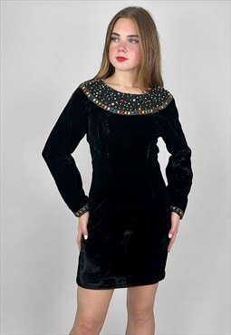 80's Vintage Black Velvet Embellished Long Sleeve Mini Dress