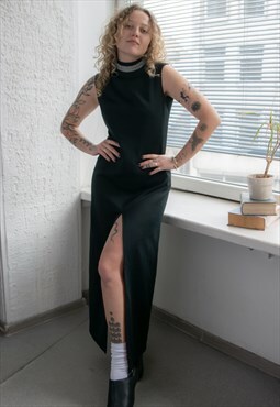 Vintage 80's Black High Collar Maxi Ribbed Dress