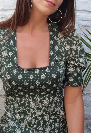 VINTAGE 70S GREEN FLORAL MAXI PEASANT DRESS
