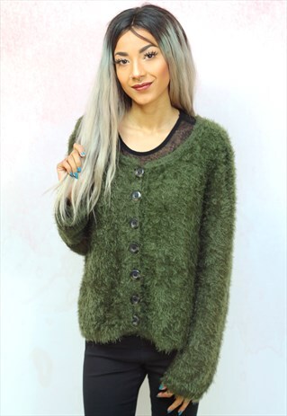 1990S VINTAGE KHAKI GREEN SOFT FLUFFY BUTTON UP CARDIGAN