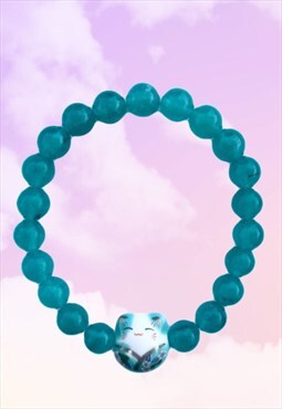 Lucky Cat - Aqua Blue Amazonite Beaded Gemstone Bracelet