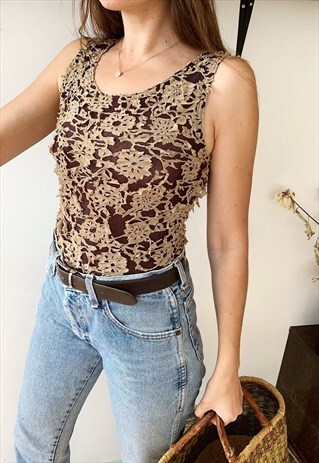 VINTAGE 90S Y2K LASER CUT FESTIVAL PARISIAN TANK TOP BLOUSE
