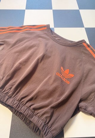VINTAGE REWORKED CROPPED ADIDAS RINGER T-SHIRT IN BROWN
