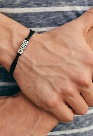 MEN'S BRACELET, SILVER LETTER BEADS VEG AND BLACK CORD