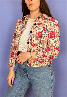 Vintage 70's Patchwork Pattern Cropped Button Up Jacket - XS