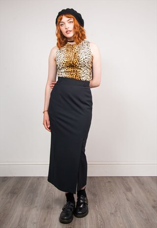 VINTAGE 90'S BLACK SLIT PENCIL SMART GRUNGE MIDI SKIRT