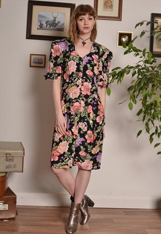 VINTAGE 80S FLORAL MIDI DRESS WITH QUEEN ANNE NECKLINE