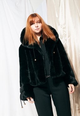Vintage faux fur coat 90s rework cropped black glam jacket
