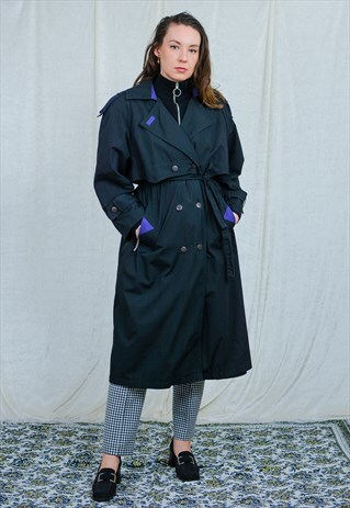 BLACK TRENCH COAT SLAVIANKA VINTAGE PURPLE INSERTS WOMEN XXL