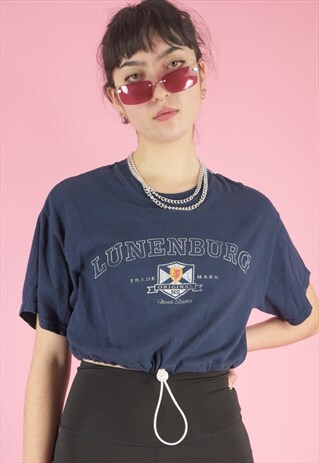 VINTAGE REWORKED CROP TOP T-SHIRT IN BLUE WITH GRAPHIC PRINT