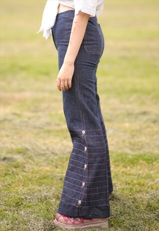 VINTAGE 70'S DARK DENIM FLARES WITH FLORAL DESIGN