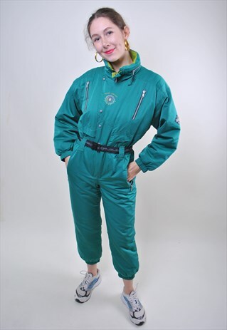 VINTAGE ONE PIECE GREEN SKI SUIT, WOMAN EMBROIDERY SNOWSUIT