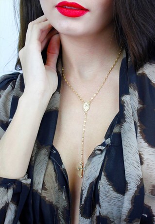 DAINTY GOLD RELIGIOUS Y CHAIN CROSS ROSARY NECKLACE