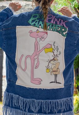 Vintage 90's Pink Panther Fringed Denim Jacket Dress