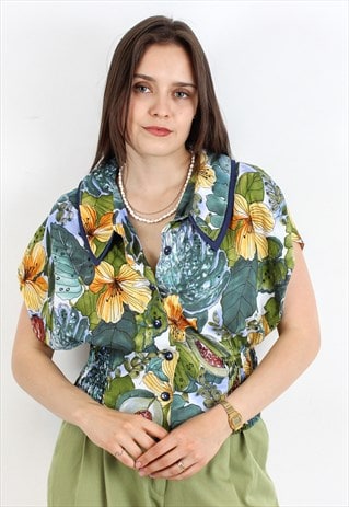 CROPPED BLOUSE BUTTON UP SHIRT SHORT SLEEVES FLORAL PRINT