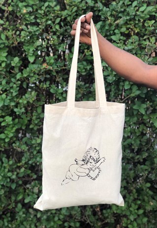 CUPID PRINT NATURAL COTTON SHOPPING TOTE BAG