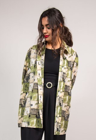 90'S VINTAGE GREEN CHECK FUNKY PATTERN OVERSIZE SHIRT BLOUSE
