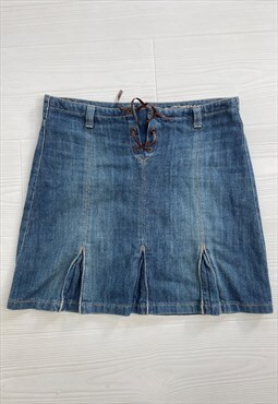 Vintage Y2k Lace Up Denim Skirt Benetton Pleated 00s