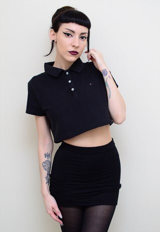 00S RETRO BLACK REWORKED CROPPED TOMMY HILFIGER POLO SHIRT