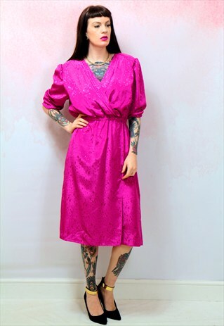 1980S VINTAGE VIBRANT PINK SATIN MIDI DRESS
