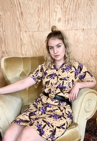 VINTAGE 70S BEIGE MIDI DRESS WITH FLOWER PRINT