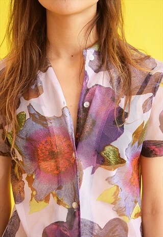 90'S RETRO FLORAL PRINT MESH SHEER KITSCH TEEN TOP