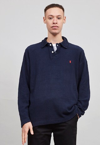VINTAGE POLO RALPH LAUREN NAVY RIBBED BUTTON COLLAR SWEATER