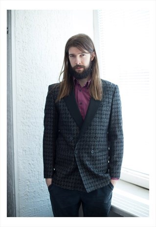 VINTAGE BLACK PATTERNED DOUBLE BREASTED BLAZER