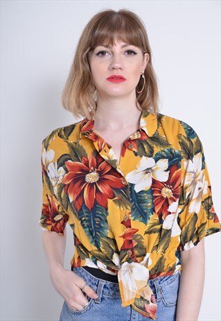 VINTAGE HAWAIIAN CROPPED WRAP SHIRT YELLOW