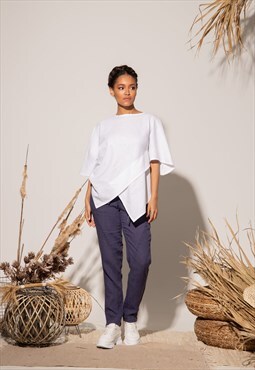 Asymmetrical summer linen blouse in crossed pattern 