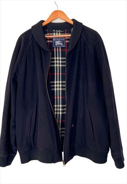 Vintage Burberry Navy Blue Wool Harrington Jacket, Size XL