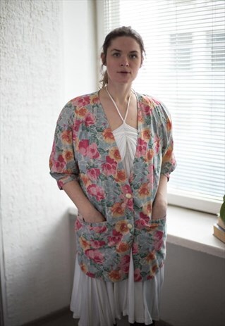 VINTAGE 80'S FLOWER PRINT KIMONO STYLE JACKET