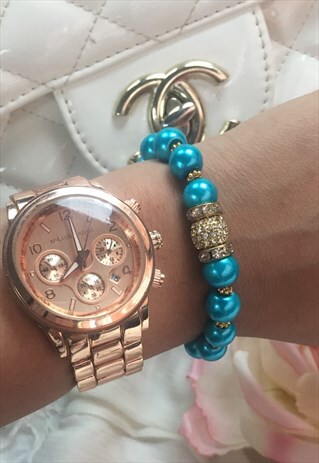 TURQUOISE AND GOLD SWAROVSKI CRYSTAL AND PEARL BEAD BRACELET