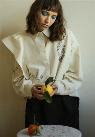 HAND EMBROIDERED COWBOY POPPY SHIRT IN CREAM BEIGE