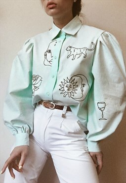 Hand embroidered mint cotton shirt with puff sleeves
