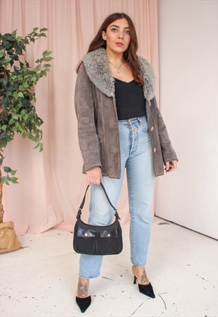VINTAGE 70S GREY SUEDE JACKET WITH SHEARLING COLLAR